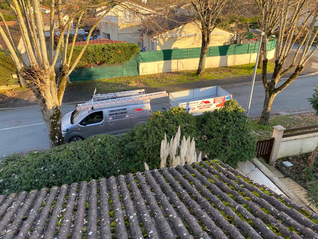 Toiture en tuiles couverte de mousses avant démoussage, camionnette AM Toiture en contrebas